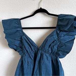 Teal Puff-Sleeve V-Neck Babydoll Dress - Small